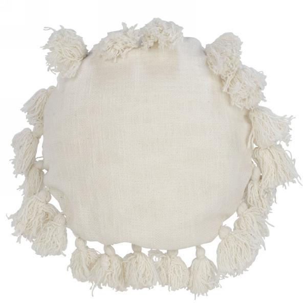 Round White Pillow with Tassels